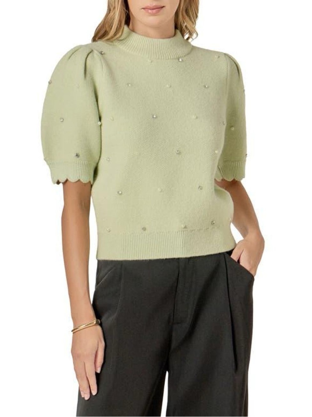 English Factory Light Green Pearl-Embellished Puff-Sleeve Sweater